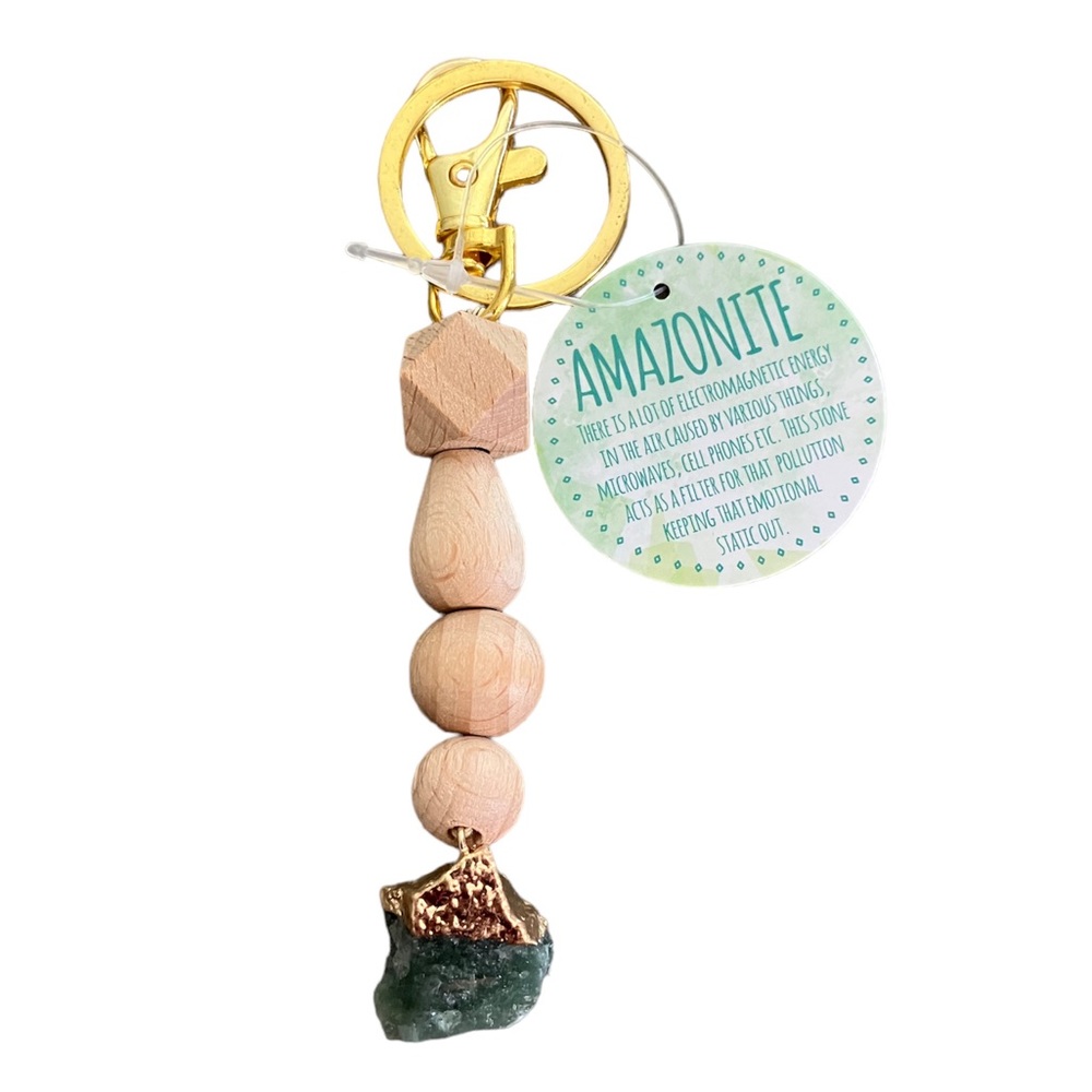 NWOT 14k Gold Leafing & Amazonite bag charm w/Wood Beads and Goldtone …